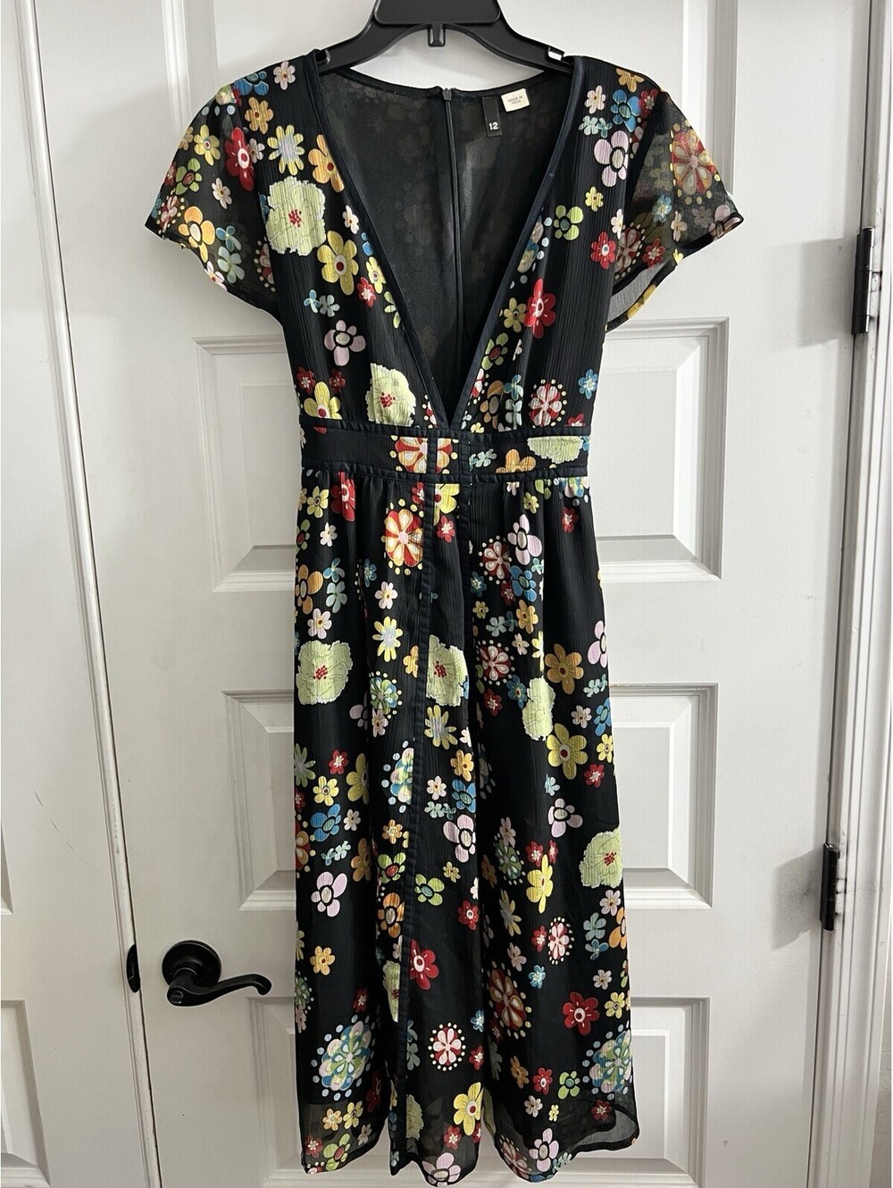 Early 2000’s H&M Ve Neck Sheer Floral Midi Dress Flutter Sleeve Sz 12